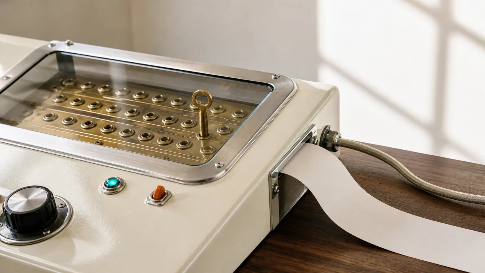 Panel f?sico de control de acceso de Aether Labs con llave, clavijas de lat?n y registro en papel