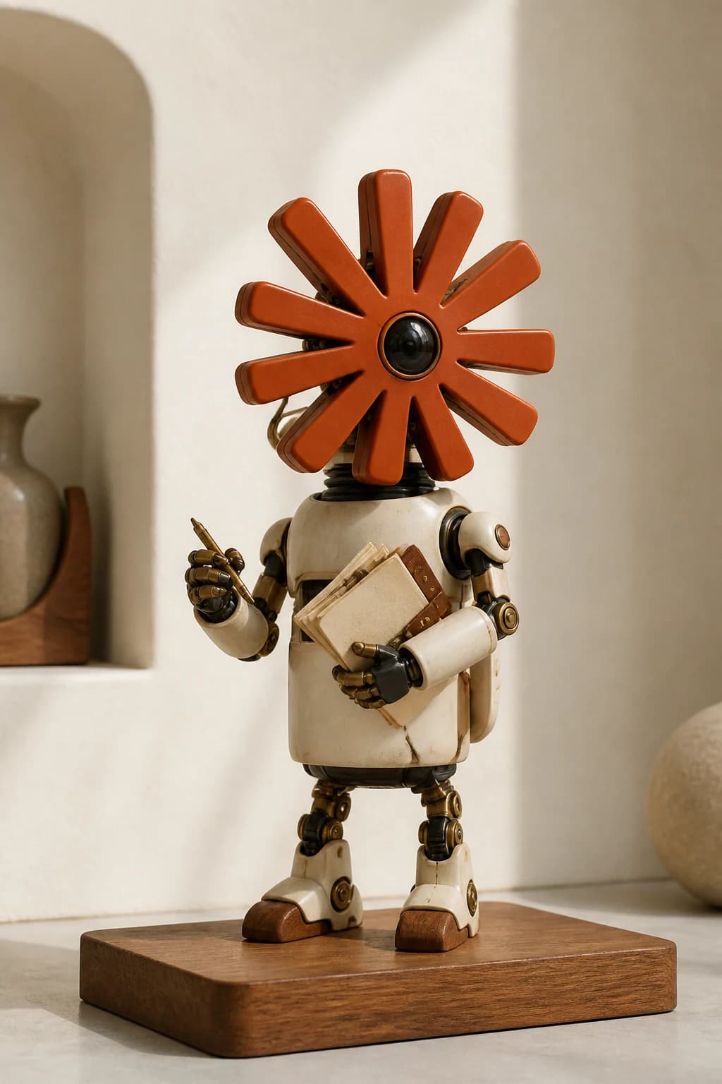 Claude reinterpretado como un pequeño robot archivista retrofuturista con cabeza solar naranja