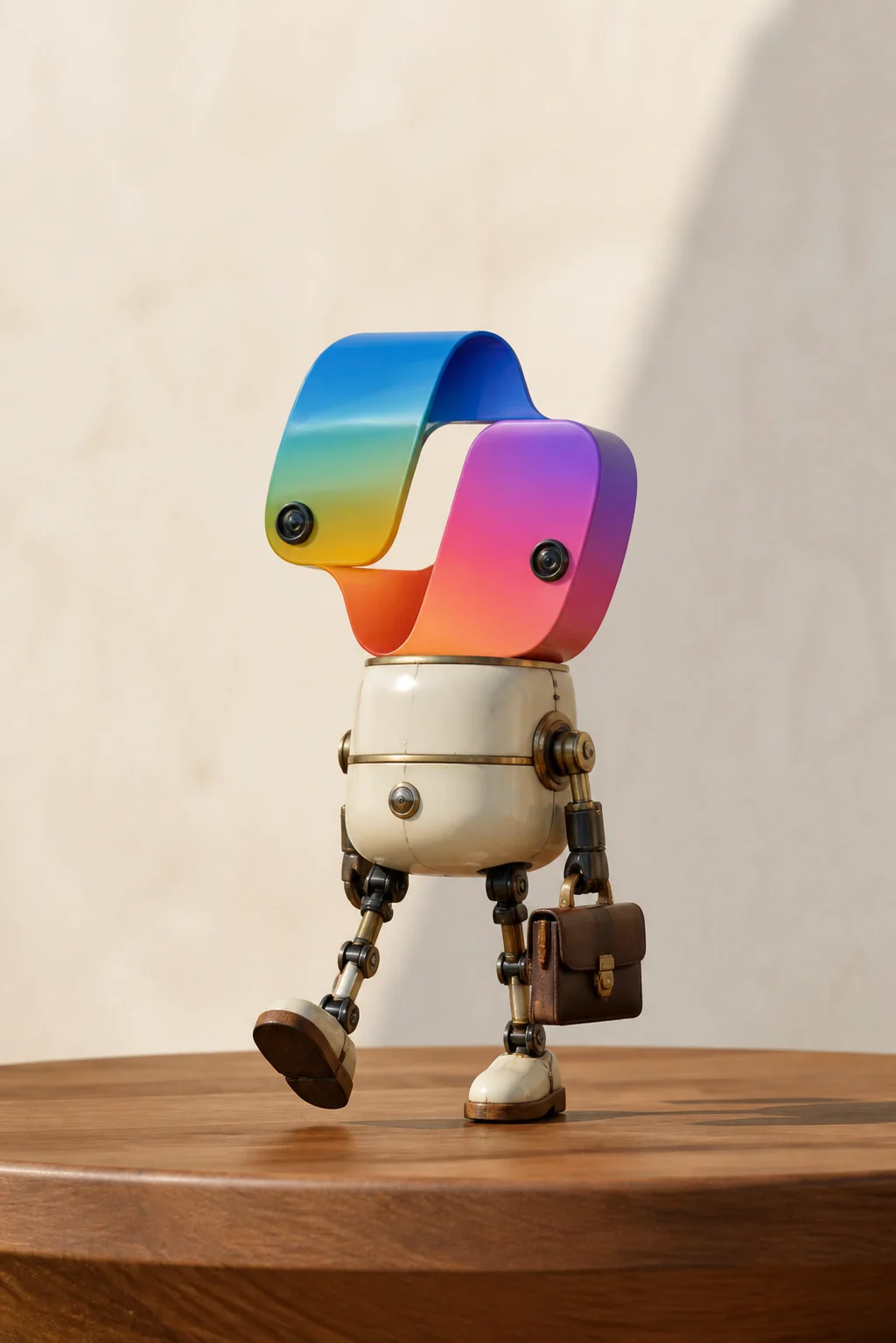 Microsoft Copilot reinterpretado como un pequeño robot retrofuturista con cabeza de cinta multicolor y maletín
