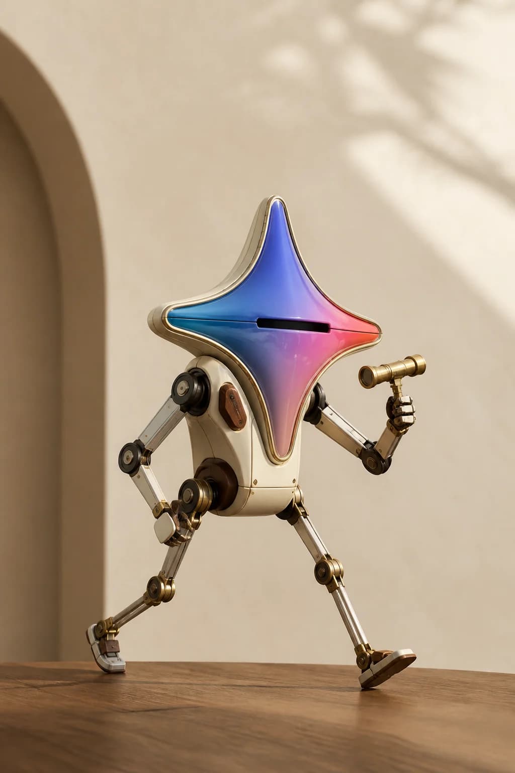 Gemini reinterpretado como un pequeño robot explorador retrofuturista con cuerpo de estrella multicolor