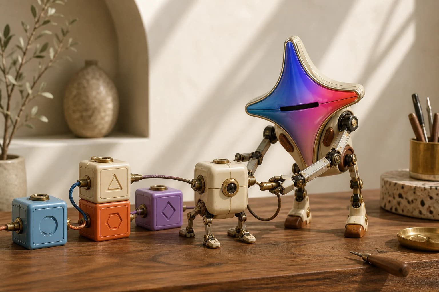 Gemini construye un pequeno agente mecanico conectando modulos fisicos