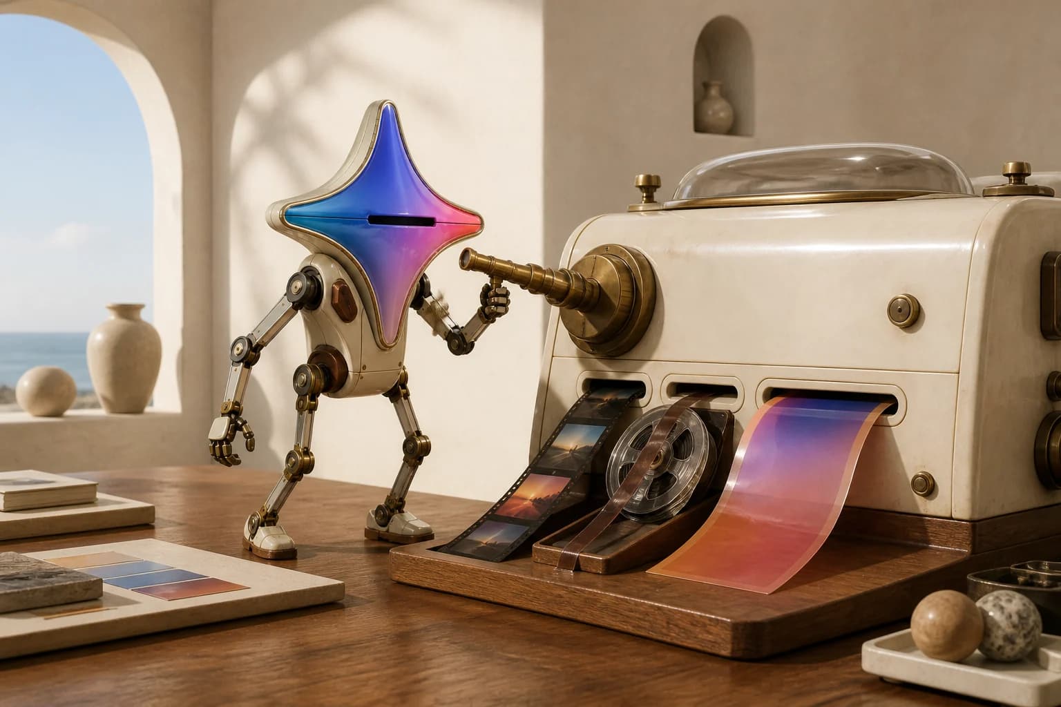 Gemini, como robot explorador, opera una maquina de medios que produce pelicula, audio y color