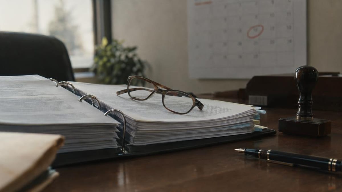 Un archivador con un reglamento impreso, unas gafas encima, un sello y un calendario con un día marcado