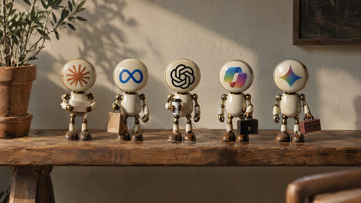 Cinco robots iguales en fila sobre un banco de nogal, cada uno con la cabeza de un logo: Claude, Meta, OpenAI, Copilot y Gemini.