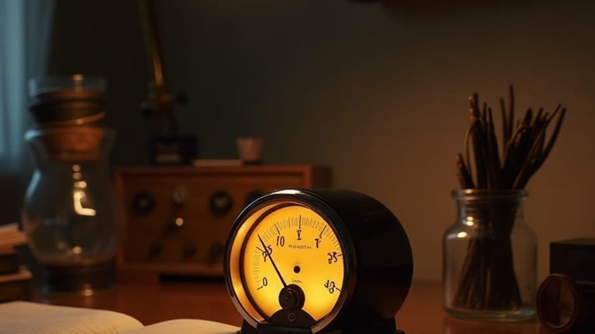 Instrumento analógico de aguja con indicadores ámbar encendidos sobre un escritorio en penumbra carbón