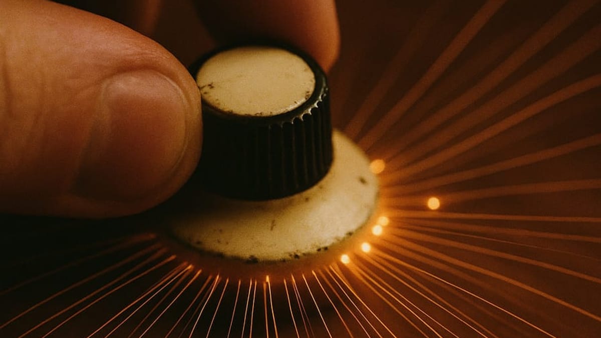 Una mano gira un mando regulador vintage del que salen filamentos de luz ámbar hacia varias pantallas