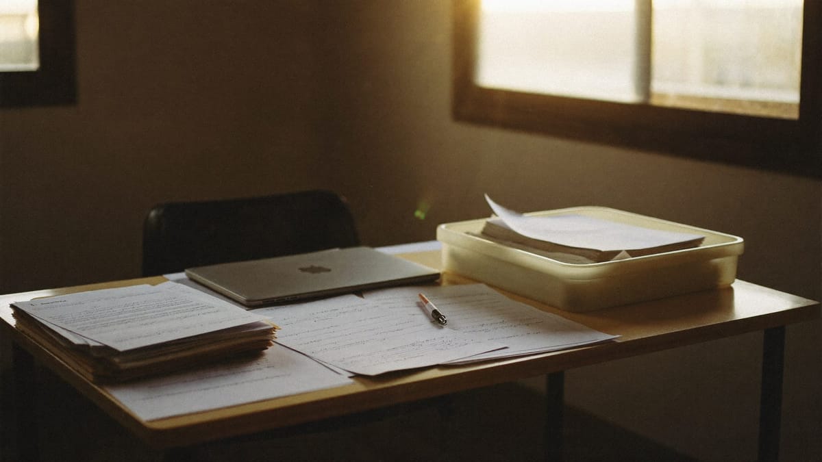 Planos y un instrumento de luz ámbar sobre una mesa de obra en penumbra