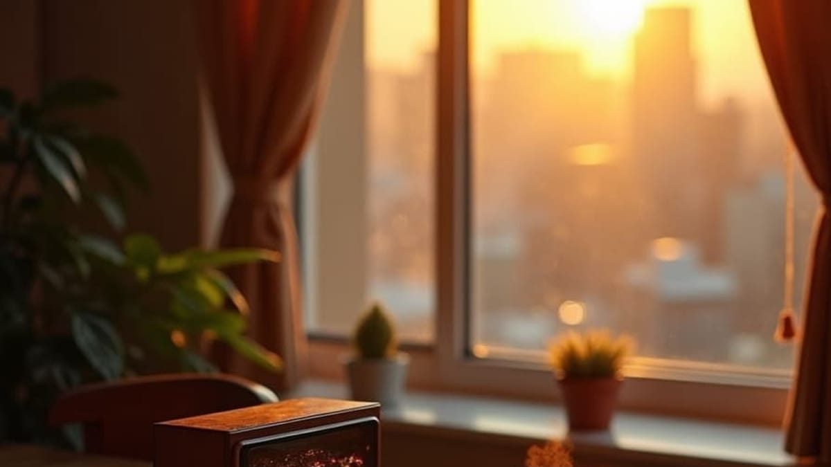 Aparato vintage emitiendo señales de luz ámbar hacia la ciudad al amanecer