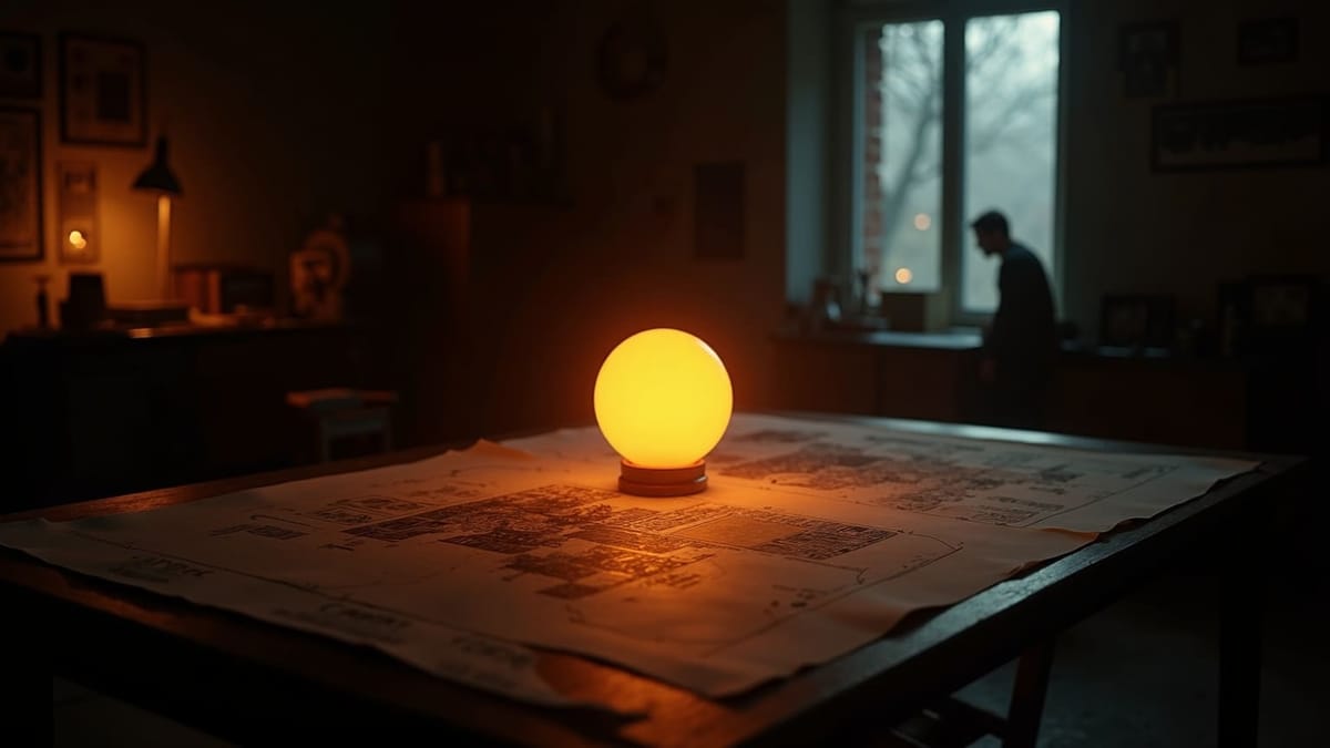 Mesa de reunión recogida al atardecer con un instrumento de luz ámbar