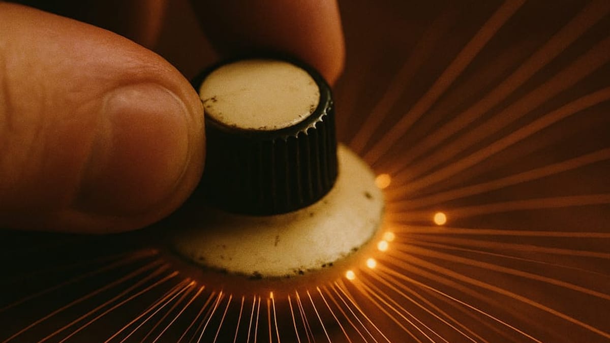 Una mano ajusta un mando regulador vintage del que salen filamentos de luz ámbar