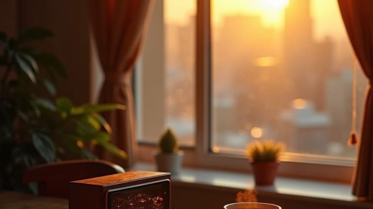 Un pequeño aparato vintage con luz ámbar trabajando solo junto a una ventana mientras amanece sobre la ciudad
