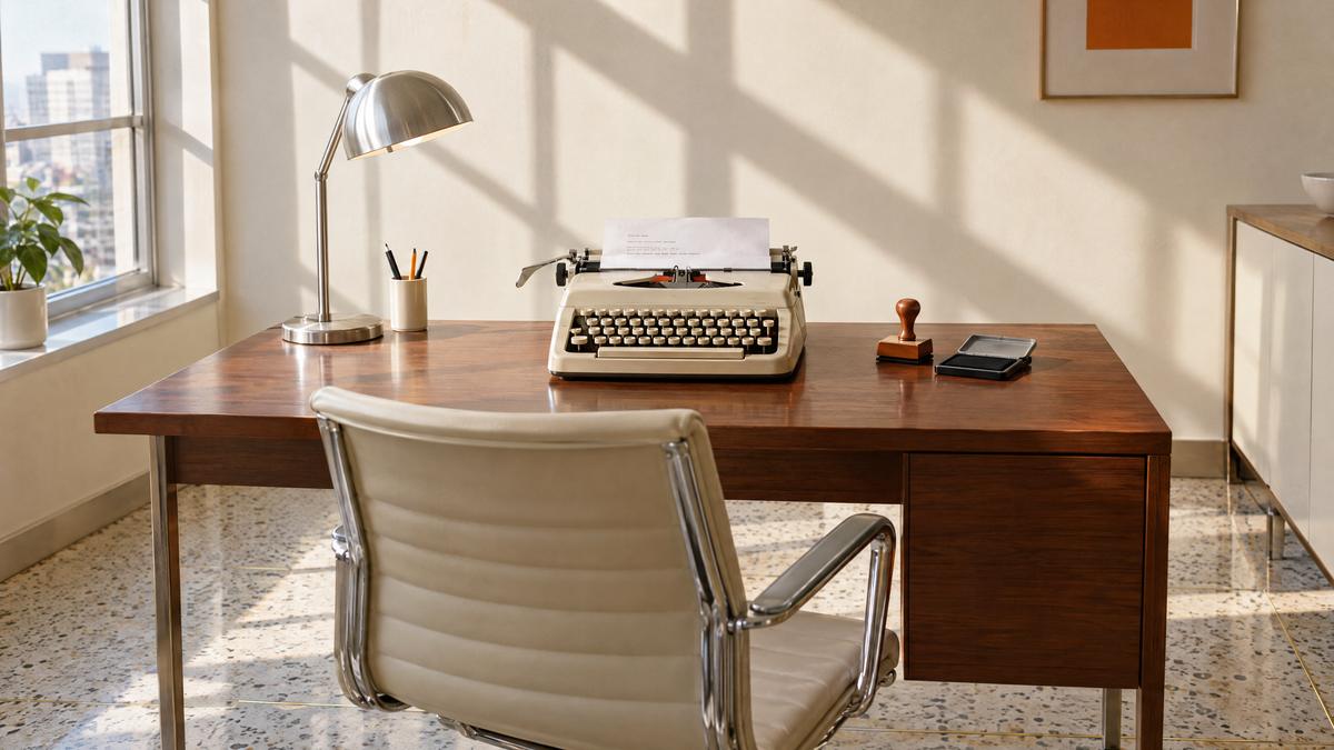 Una máquina de escribir con una hoja a medio escribir, un sello de madera y una silla vacía delante del escritorio