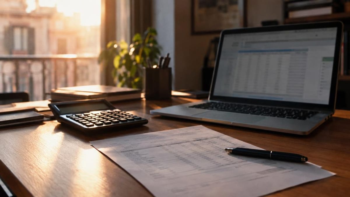 Una mesa de oficina al atardecer con una calculadora, una factura impresa y un portátil con una hoja de cálculo