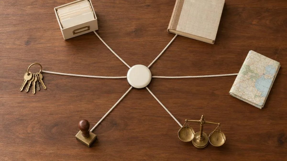 Sobre una mesa de nogal, un disco blanco en el centro del que salen cordones hacia unas llaves, un fichero, un libro, un mapa, una balanza y un sello