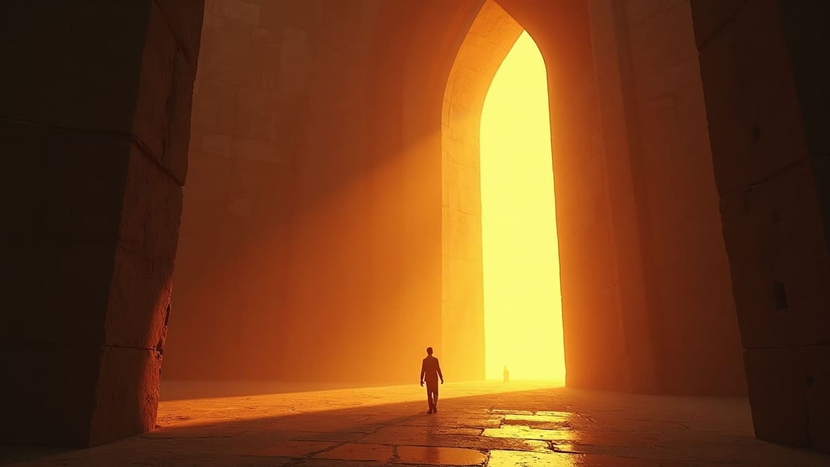 Una cabeza arquitectónica de piedra con un portal de luz ámbar dentro