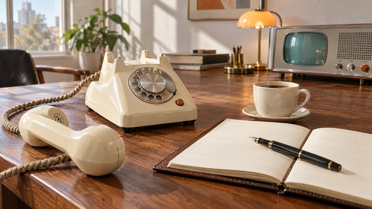 Un escritorio de nogal con un teléfono de disco color crema descolgado, una taza de café y una libreta abierta con una pluma