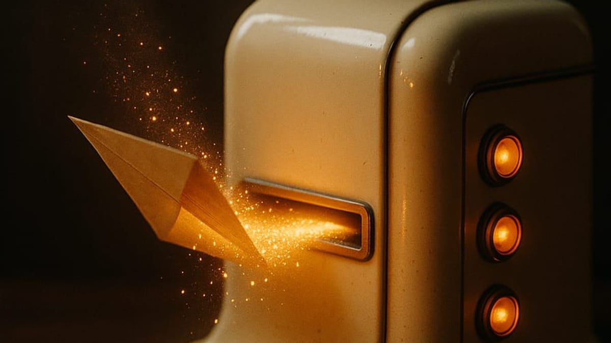 Una carta de papel disolviéndose en partículas de luz ámbar que entran en una máquina
