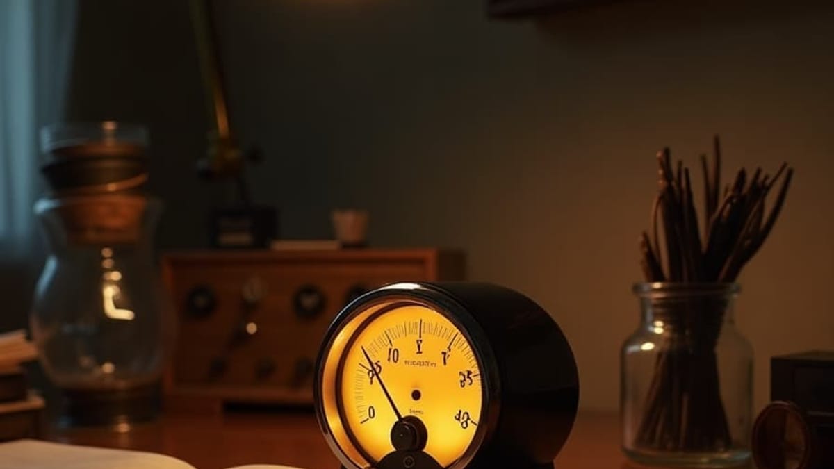 Un único instrumento de aguja iluminado en ámbar leyendo una pila de documentos
