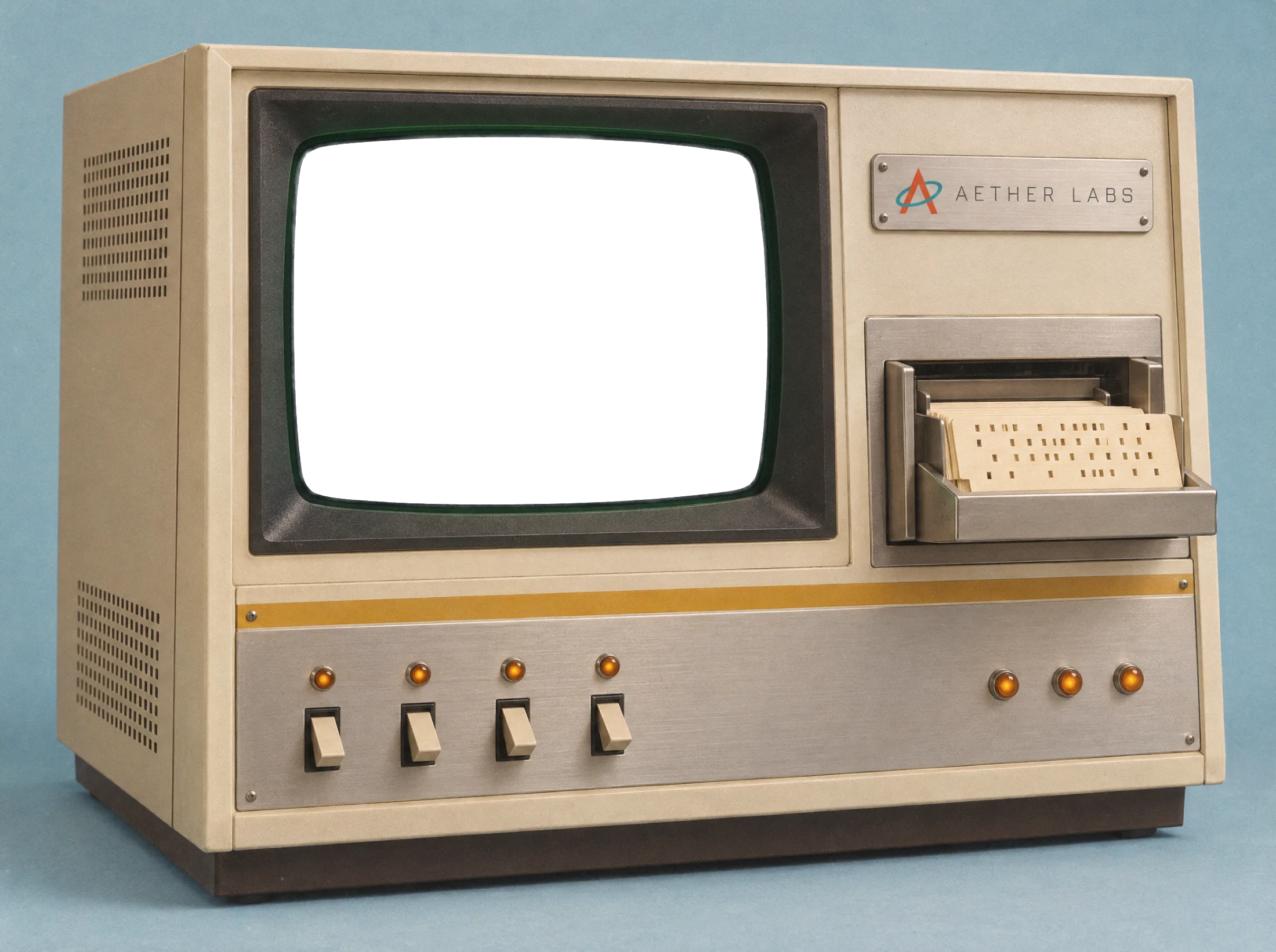 Un miniordenador de los setenta, de chapa crema y aluminio, con lector de tarjetas perforadas, interruptores, pilotos ámbar y la placa de Aether Labs; en su pantalla, lo que se le pide a Claude en un área de la empresa.