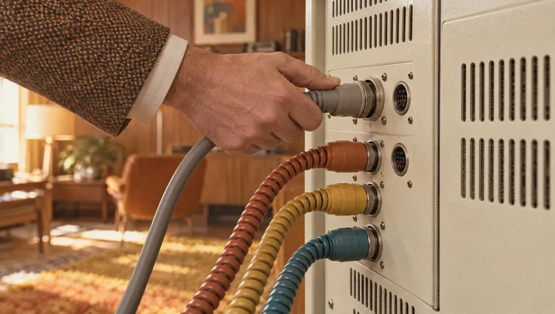 Una mano con puño de tweed enchufa un cable gris en la trasera de un ordenador de chapa crema, donde ya hay tres cables enrollados en naranja, mostaza y turquesa.