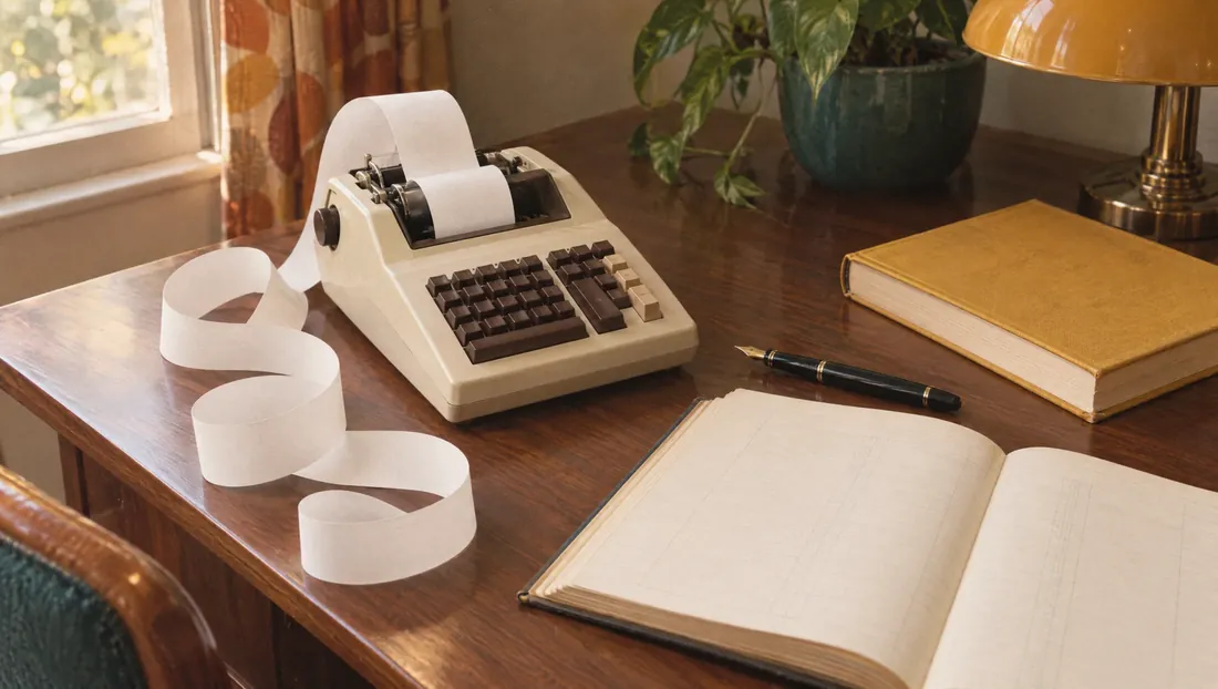 Una calculadora de cinta de los setenta sobre una mesa de nogal, con la tira de papel en blanco cayendo en bucles junto a un libro de cuentas abierto y una pluma.