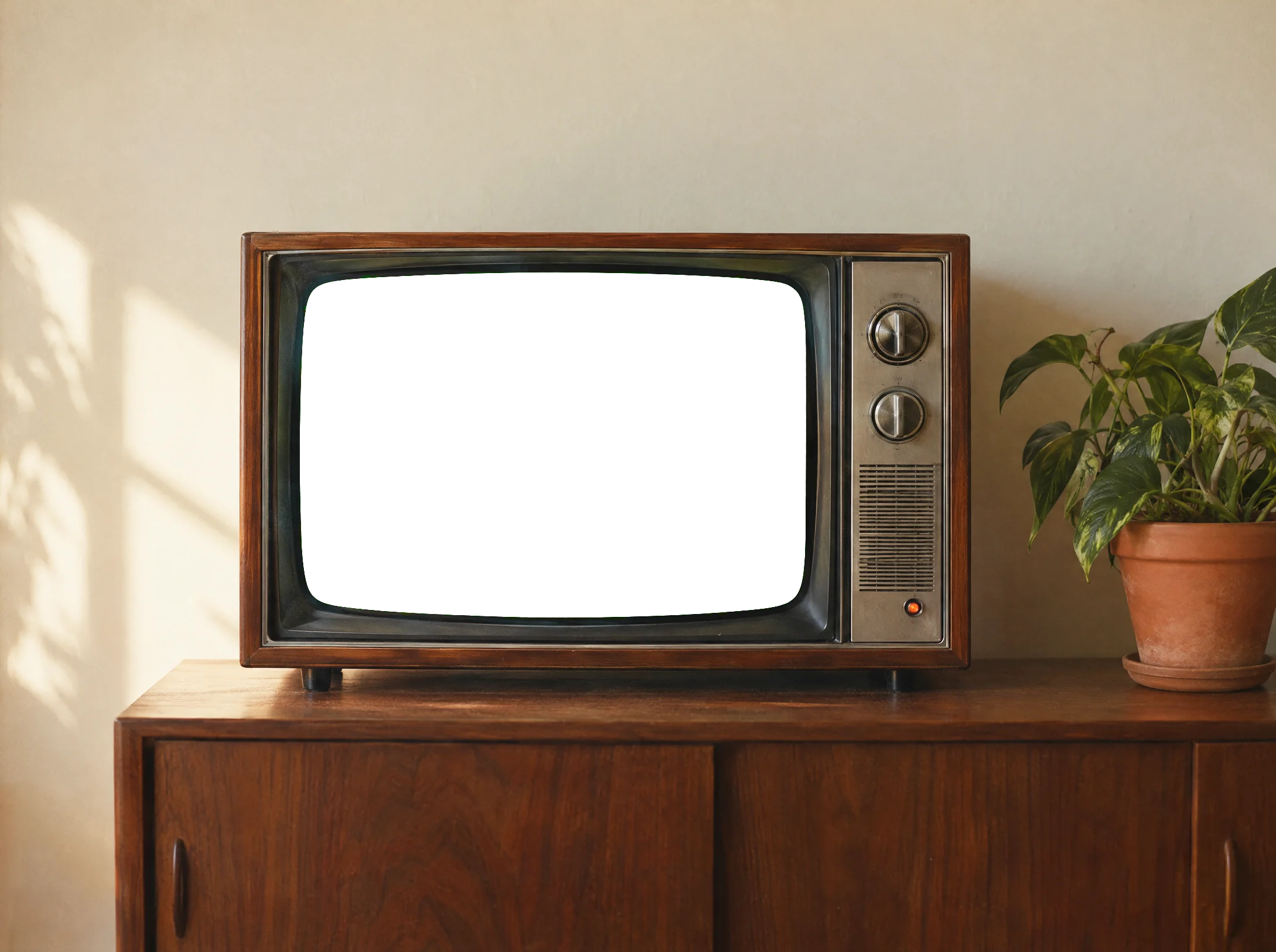 Un televisor de nogal de los setenta con la portada del artículo en pantalla: Planos y un instrumento de luz ámbar sobre una mesa de obra en penumbra
