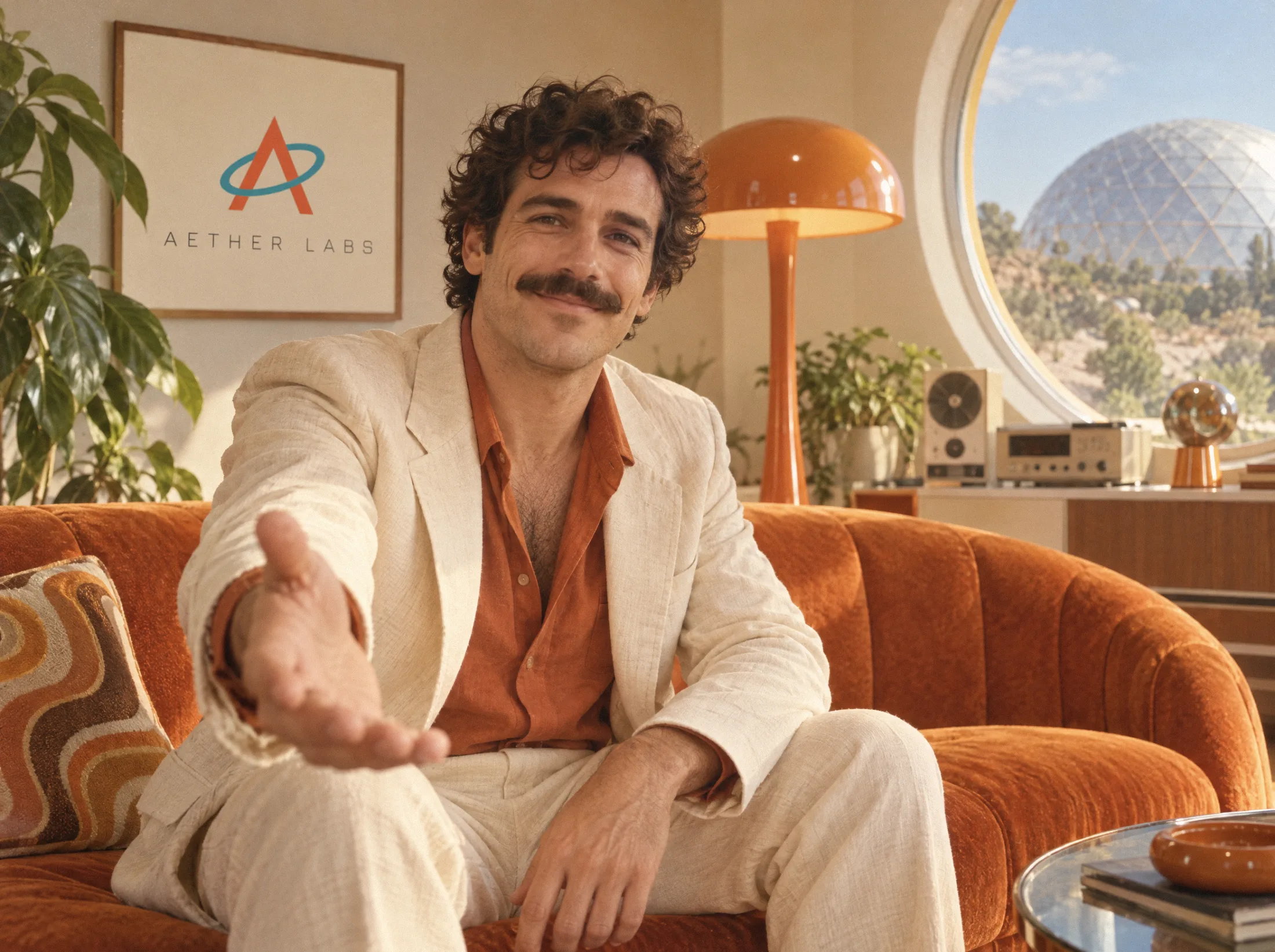 Un hombre con traje claro y camisa naranja, sentado en un sofá naranja de los setenta bajo un cartel de Aether Labs, tiende la mano hacia la cámara.