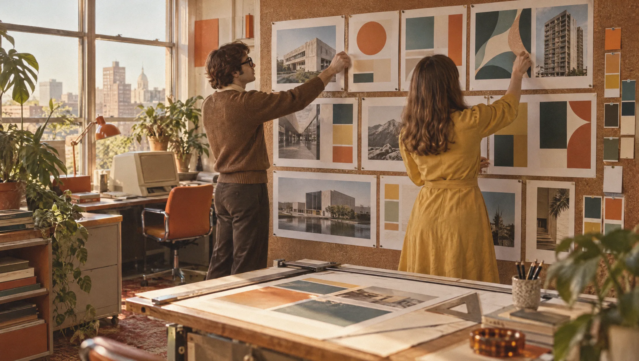 Dos diseñadores de los setenta clavan en una pared de corcho las maquetas impresas de unas páginas web: bloques de color, fotos de edificios y muestras de color.