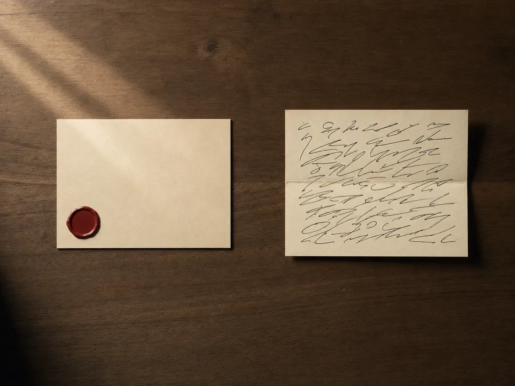 Sobre una mesa de nogal, a la izquierda una tarjeta lisa cerrada con un lacre rojo y a la derecha una nota manuscrita doblada, las dos con la misma luz