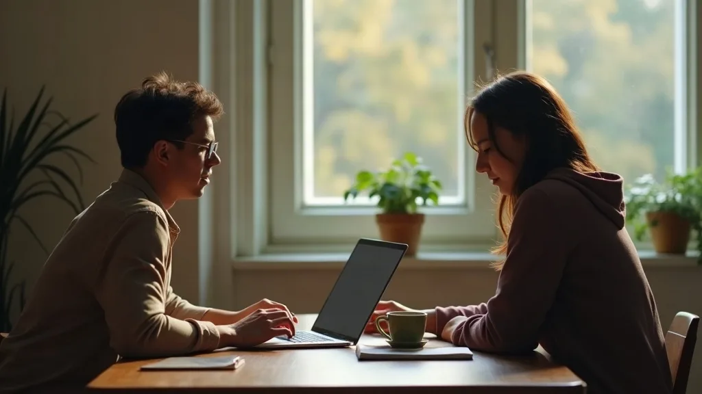 Dos personas sentadas a la misma mesa mirando juntas la pantalla de un portátil, con luz de ventana