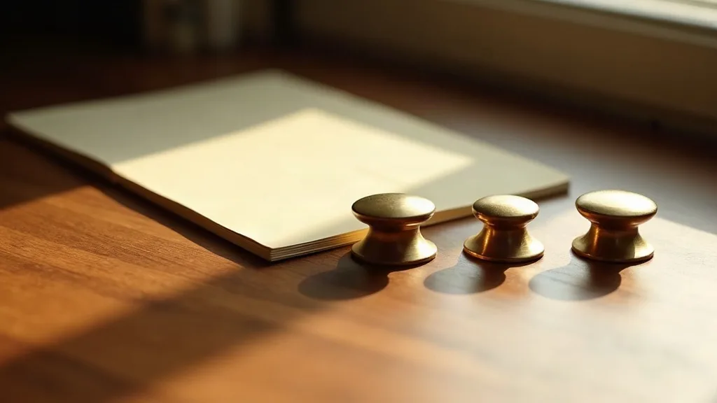 Tres pesas de latón de tamaños distintos alineadas sobre una mesa de nogal, junto a un cuaderno, con luz de ventana
