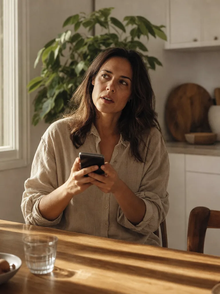 Una mujer sentada a la mesa de una cocina sostiene el teléfono con las dos manos y lo mira mientras piensa, con luz de ventana de media tarde