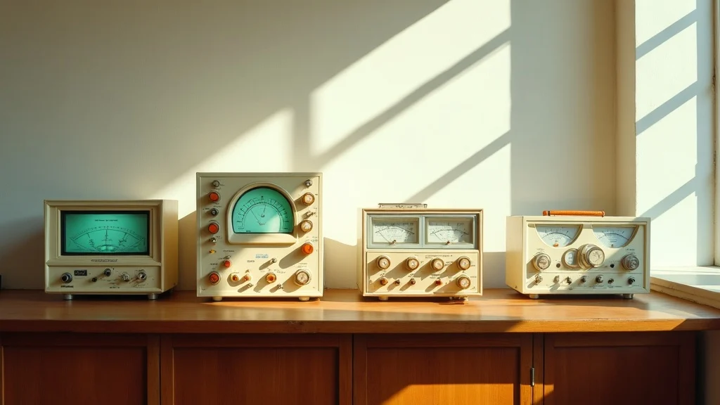 Cuatro instrumentos de laboratorio de los años sesenta en fila sobre un banco de nogal, cada uno de una forma distinta: un osciloscopio de pantalla curva, un medidor de dos esferas, un generador de señal de teclas naranjas y un registrador de banda.