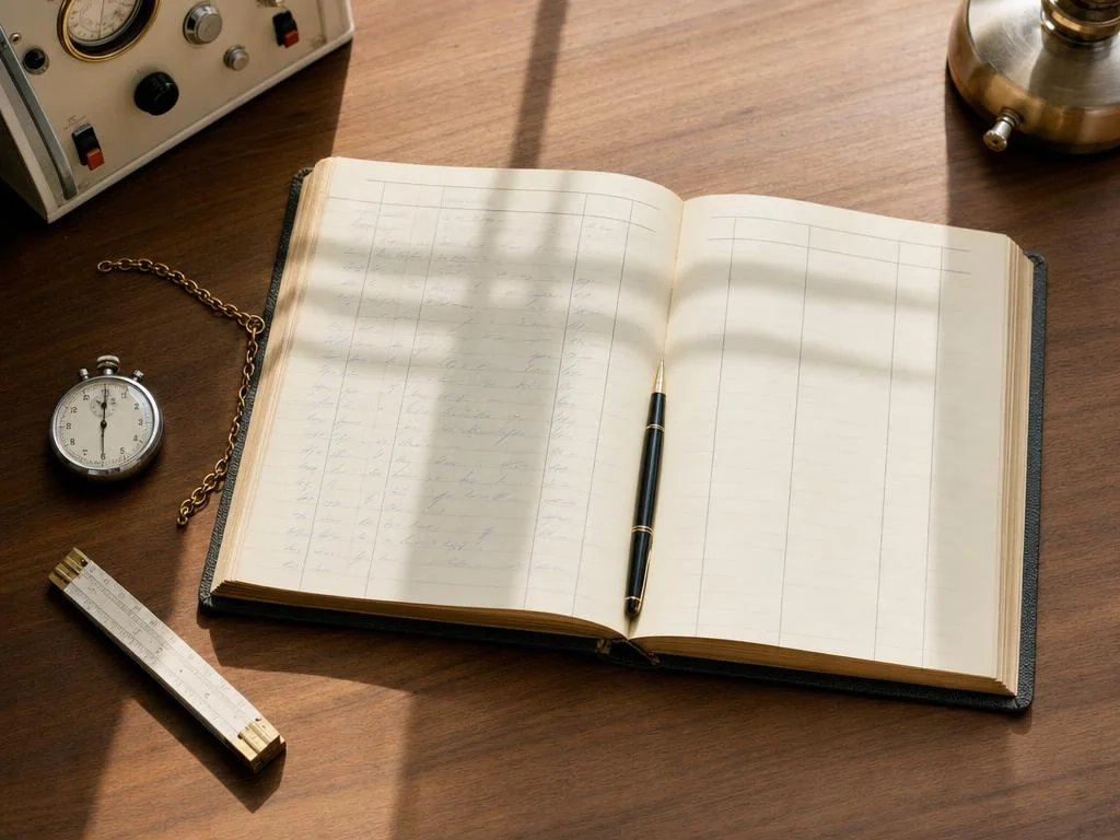 Cuaderno de laboratorio abierto sobre el banco: la página izquierda llena de anotaciones a mano y la derecha todavía en blanco, con un cronómetro y una regla plegable al lado.