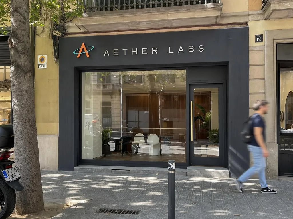 Fachada del estudio a pie de calle en Barcelona, con el rótulo de Aether Labs sobre el escaparate.