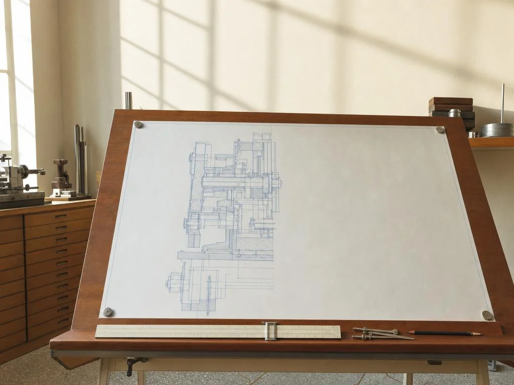 Mesa de dibujo con un plano azul a medio trazar: la mitad de la hoja resuelta y la otra mitad todavía en blanco, con la regla de cálculo y el compás apoyados en el canto.