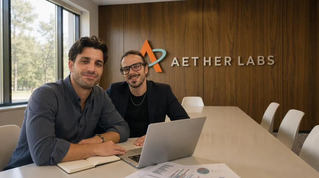 Los dos fundadores de Aether Labs sentados a la mesa de reuniones con un portátil abierto y documentos con gráficas.