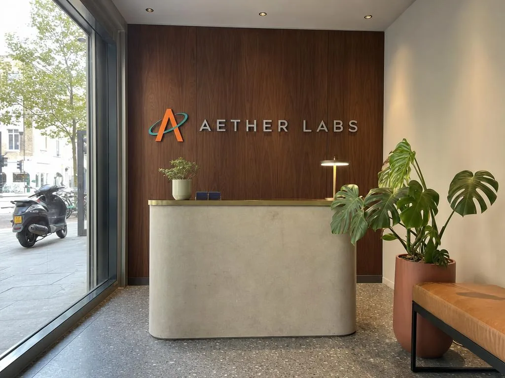 Recepción del estudio, con el rótulo de Aether Labs sobre la pared de madera.