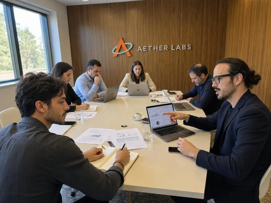 Reunión de trabajo alrededor de la mesa larga, con portátiles abiertos y documentos sobre la mesa.