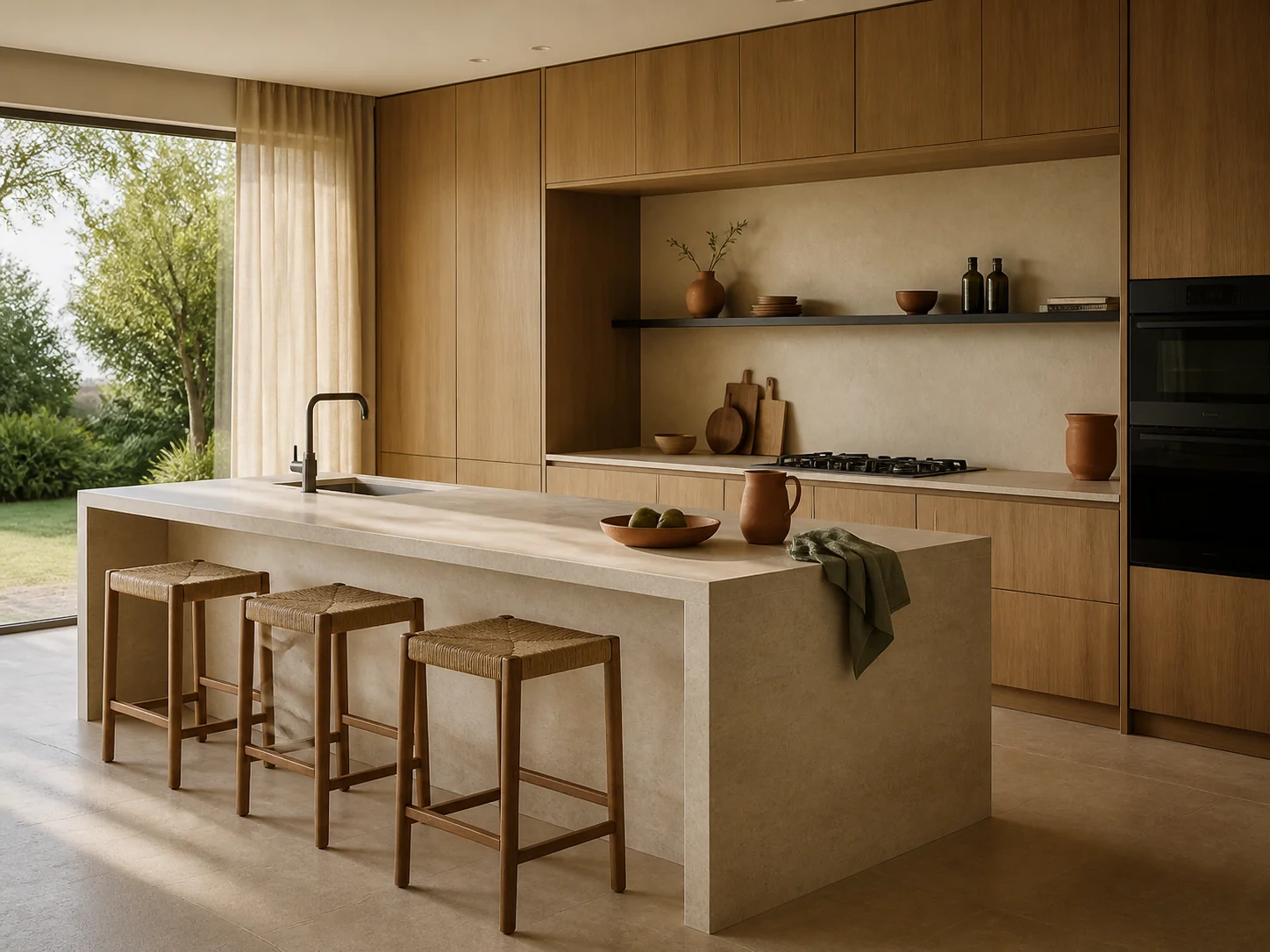 Cocina en roble y travertino