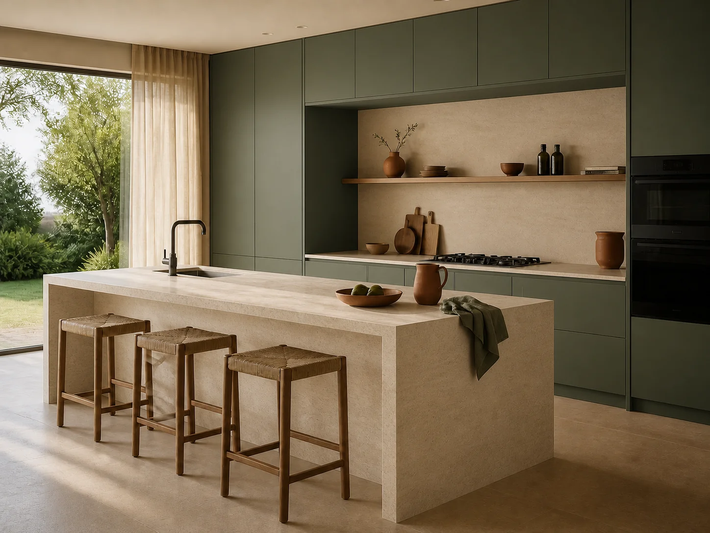 Cocina de Solana Home con acabado verde oliva y piedra arena