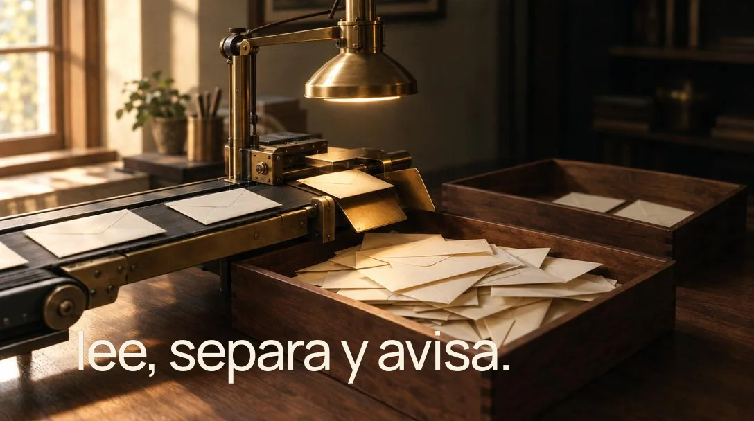 Un cabezal de latón lee los sobres que llegan por una cinta y los reparte en dos bandejas: la de cerca rebosa, la de al lado tiene dos. Sobre la foto, en letras crema: «lee, separa y avisa».