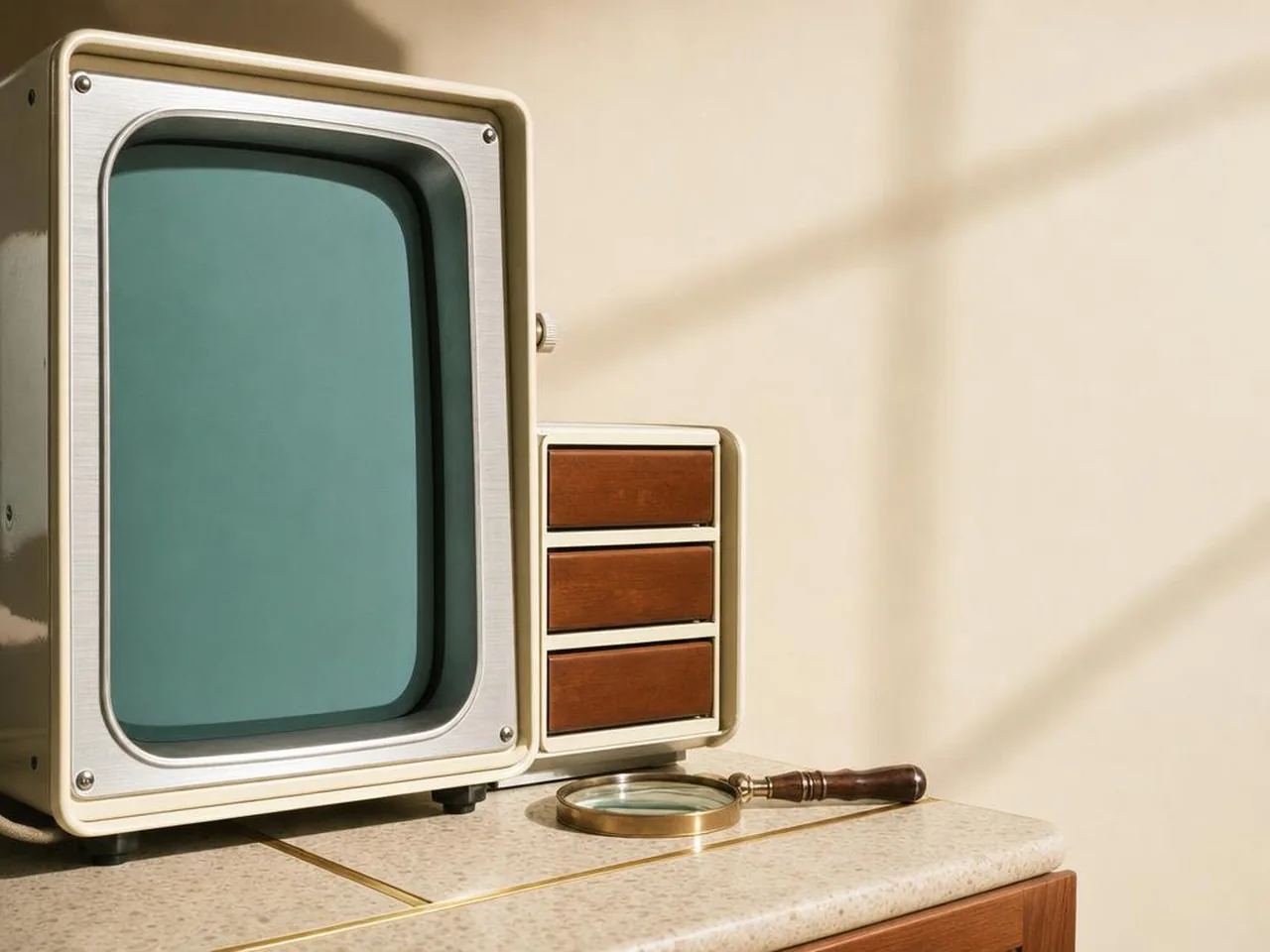 Un monitor de esmalte crema con la pantalla en turquesa, junto a un fichero de tres cajones de madera y una lupa de latón sobre un tablero claro.