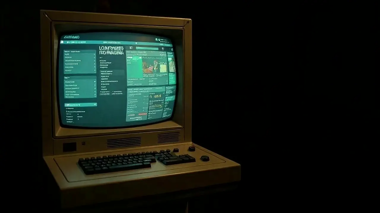 Terminal de ordenador de los años 70 en una sala en penumbra, con la plataforma de Artiverse encendida en su pantalla curva.