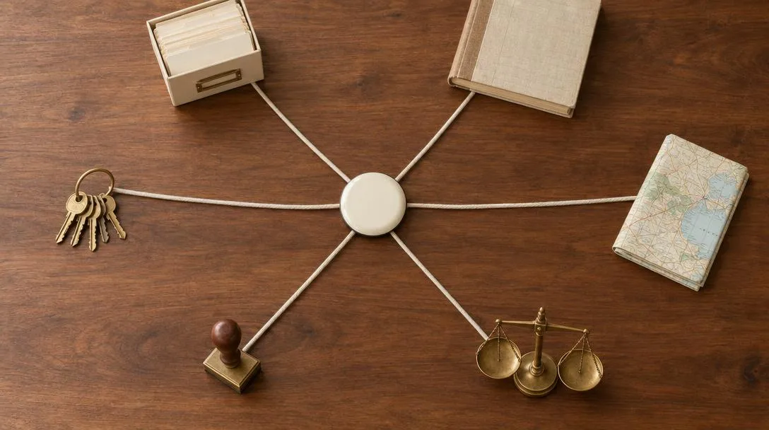 Vista cenital de un disco de esmalte crema en el centro de una mesa de nogal, unido con cordel a un fichero, un libro, unas llaves, un mapa, un sello y una balanza.