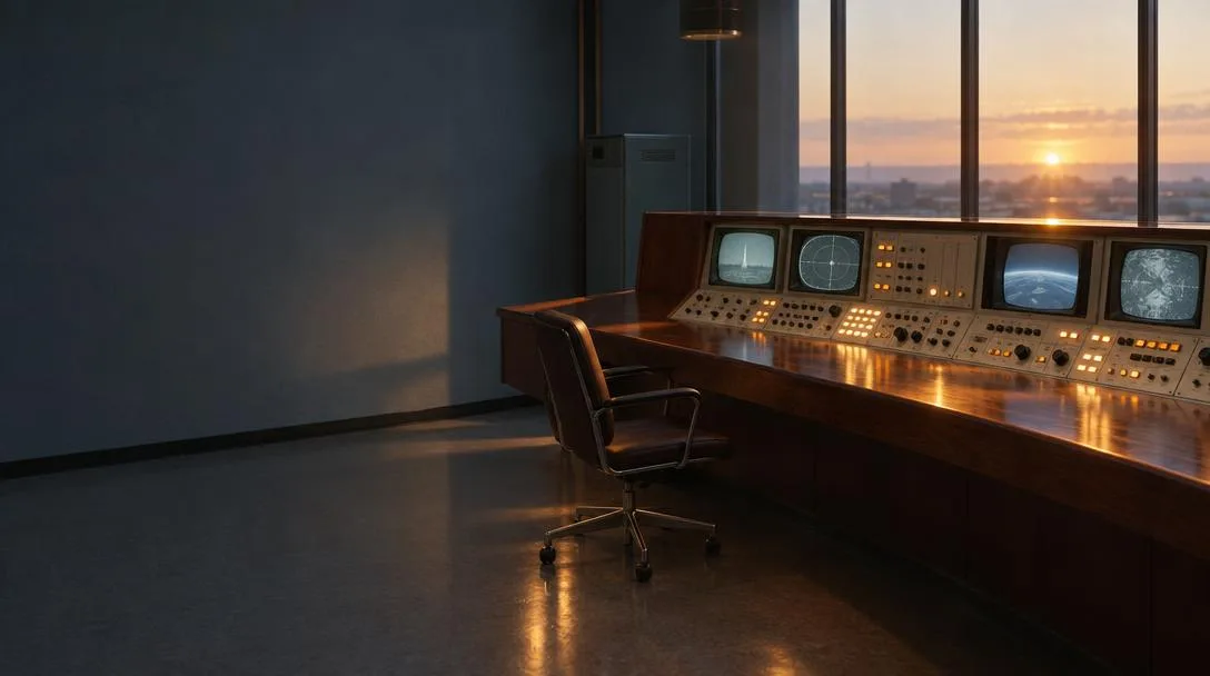 Una sala de control con la consola encendida al atardecer y el sillón vacío delante: sigue atendiendo sin nadie sentado.