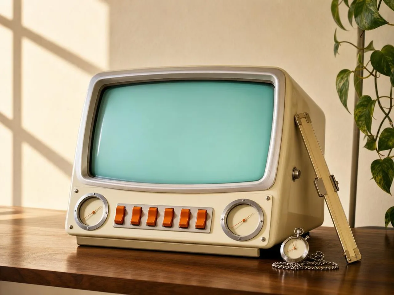 Un monitor de esmalte crema con la pantalla en turquesa y una fila de teclas naranjas, sobre una mesa de madera junto a una planta.