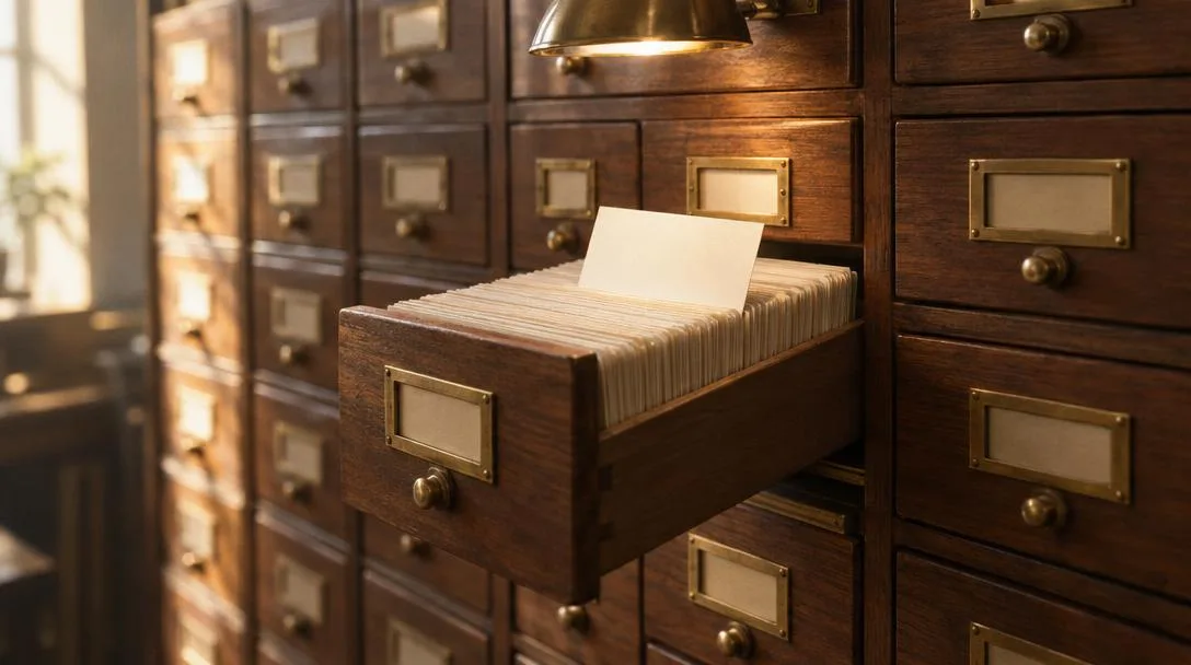Un fichero de biblioteca de nogal con un cajón abierto lleno de fichas de cartulina, y una ficha levantada bajo una lámpara de latón.