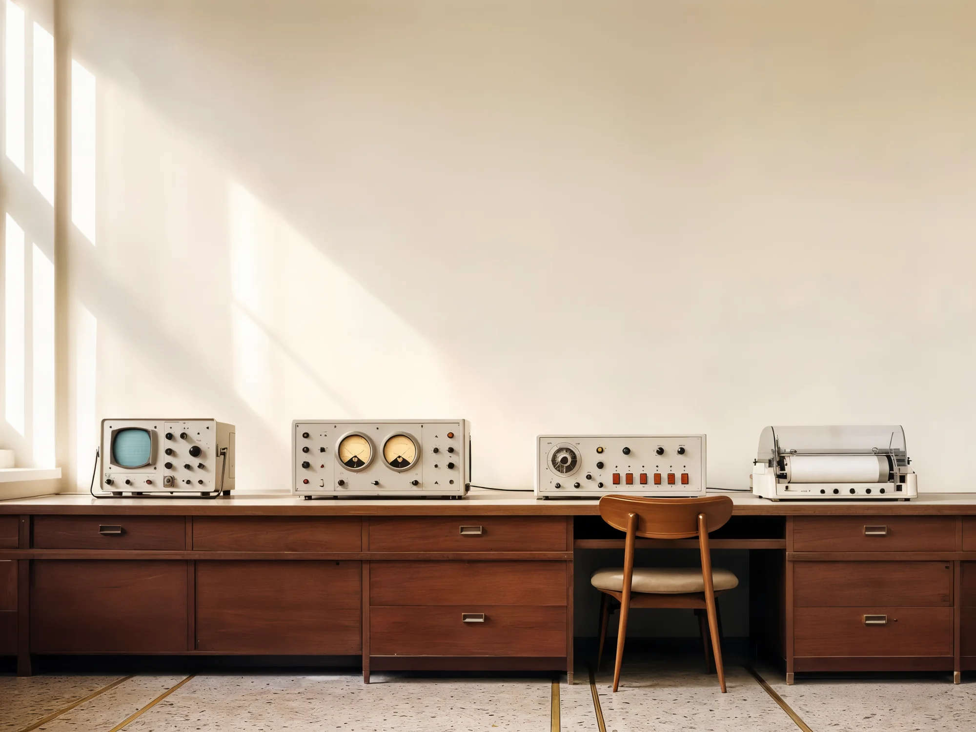 Laboratorio de instrumentos de los años sesenta: una pared de yeso crema cruzada por la luz de una ventana, y un banco corrido de nogal con un osciloscopio, un voltímetro de válvulas, un generador de señal y un registrador de banda.