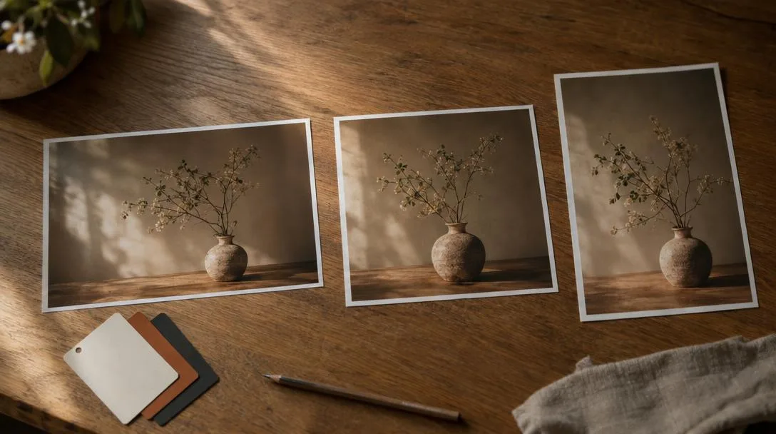 La misma fotografía de un jarrón con ramas, impresa en apaisado, en cuadrado y en vertical, sobre una mesa de roble con tres muestras de color y un lápiz.